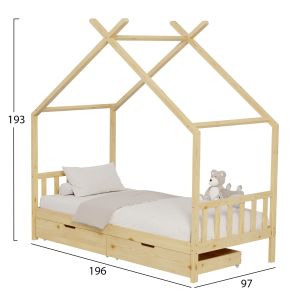 Детско легло Klarice Montessori-2 чекмеджета- бор масив в натурал- 190х90cm Hm680,01