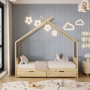 Детско легло Klarice Montessori-2 чекмеджета- бор масив в натурал- 190х90cm Hm680,01