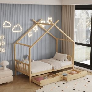 Детско легло Klarice Montessori-2 чекмеджета- бор масив в натурал- 190х90cm Hm680,01