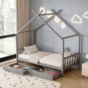 Детско легло Klarice Montessori-2 чекмеджета- бор масив в сиво- 190x90cmhm680,03