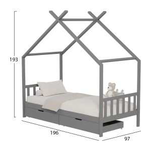 Детско легло Klarice Montessori-2 чекмеджета- бор масив в сиво- 190x90cmhm680,03