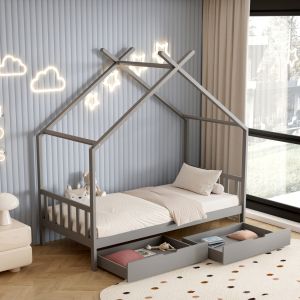 Детско легло Klarice Montessori-2 чекмеджета- бор масив в сиво- 190x90cmhm680,03