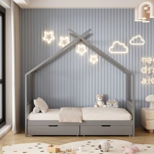 Детско легло Klarice Montessori-2 чекмеджета- бор масив в сиво- 190x90cmhm680,03