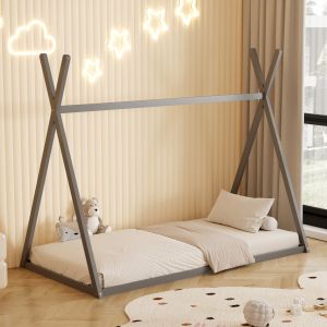 Детско легло Munk Hm681,05 т, монтесори масив борово дърво в сиво- 190x90cm