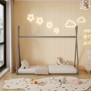 Детско легло Munk Hm681,05 т, монтесори масив борово дърво в сиво- 190x90cm