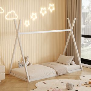 Детско легло Munk монтесори бор масив в бяло за матрак 190х90cm Hm681,03