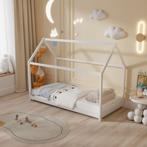 Детско легло Pepe Hm678,03 т, монтесори борово дърво масив в бяло- 140x70cm