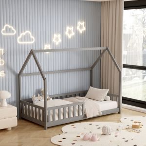 Children's bed with fence Phyllis Montessori pine solid in gray - 190x90cm Hm679,05