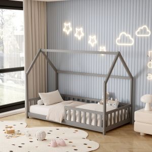 Children's bed with fence Phyllis Montessori pine solid in gray - 190x90cm Hm679,05