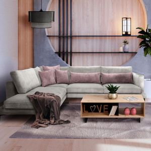 Диван Lusero ляв ъгъл бежов с розови възглавници 300x230x88см