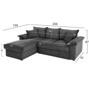 Sofa bed Aldo left corner with storage space polyester fabric anthracite 256x91-159x87hcm Hm3276,02l