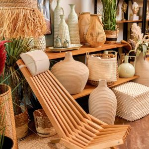 Wooden folding garden chair Camelia natural color with beige cushion 54x94x96cm