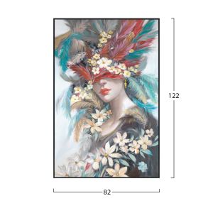 Wall painting Hm4564 black Ps frame with canvas print female face with feathers 82x4.5x122hcm.