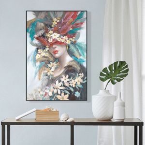 Wall painting Hm4564 black Ps frame with canvas print female face with feathers 82x4.5x122hcm.