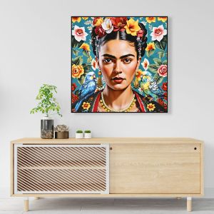 Wall painting Hm4567 black Ps frame with canvas print female face and parrots 82x4.5x82hcm.