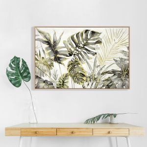 Wall painting ημ4541 beige Ps tropical leaves on canvas with printed frame 102x4.5x72hcm.