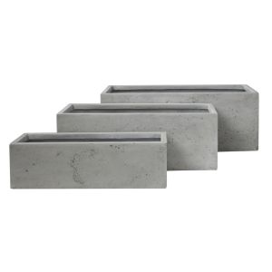 Planters, rectangular, set of 3, Gardener series Hm4723, fiberglass, gray, 81x30.5x30.5 in cm.