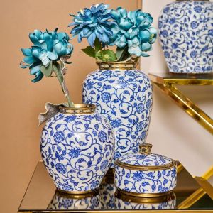 Ceramic vase Fl22855 blue-white-gold color 18x21cm
