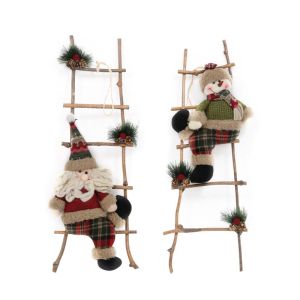 Christmas decorative figure Santa Claus + snowman in a ladder 1/2 red-green 18x18x60cm