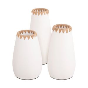 Set of 3, decorative vases Ethno Hm4373 terracotta in white with straw weaving on the back