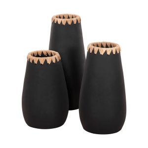 Set of 3, decorative vases Hm4372 terracotta in black with straw weaving on the back