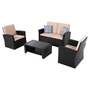 Outdoor lounge set 4 pieces synthetic rattan in anthracite-beige cushions Hm5978 Thore