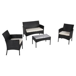 Outdoor lounge set 4 pieces synthetic rattan in black color-beige cushions Hm6089,04 Stasia