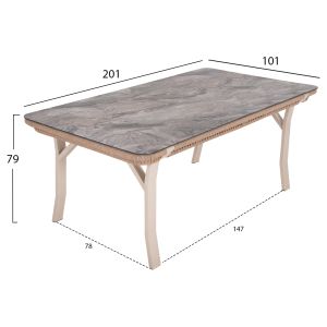 Outdoor dining set 7 pieces aluminum in beige color-hpl gray marble-cappuccino cushions and rope Hm6119,01 Drimm
