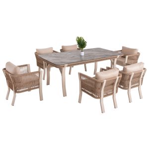 Outdoor dining set 7 pieces aluminum in beige color-hpl gray marble-cappuccino cushions and rope Hm6119,01 Drimm