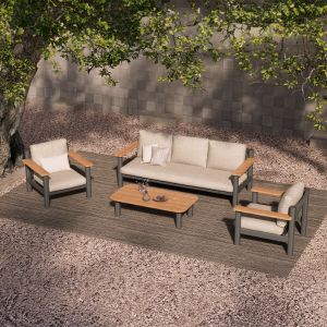 Living room set 4 pieces Deveron Sm6439.01 charcoal aluminum-rope-beige olefin - teak wood