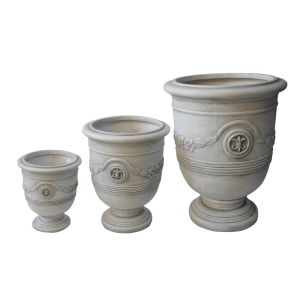Set of 3 flowerpots with embossed design Gardener Hm4729 fiberclay in pure white Φ57.5x72.5cm.