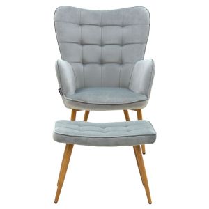 Maddison armchair with stool set, plush gray fabric 68x72x98cm