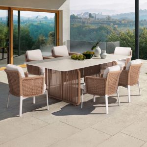 Table and chairs set 7 pieces Destiny Sm21248 aluminum-sintered stone beige and cream
