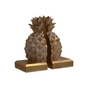 Set of 2 polyresin book stands Pineapple gold-white color 9x9x19cm