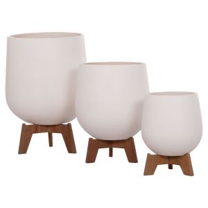 Set of 3 pots with teak bases Tryll Hm4681.02 fiber cement in white