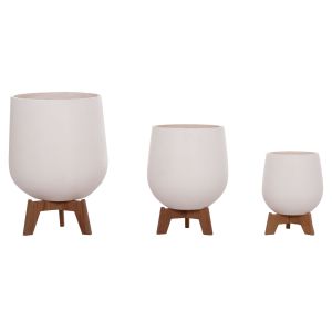 Set of 3 pots with teak bases Tryll Hm4681.02 fiber cement in white