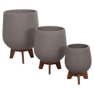 Set of 3 pots with teak bases Tryll Hm4681.03 fiber cement in gray