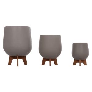 Set of 3 pots with teak bases Tryll Hm4681.03 fiber cement in gray