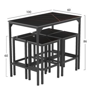 Комплект трапезна маса и столове 5 бр, Boxy с черни метални рамки-черно мраморно меламиново покритие Hm9882,13