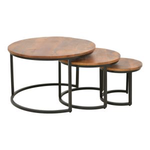 Frina Zita coffee table set of 3 pieces, solid mango wood in walnut color with black metal leg