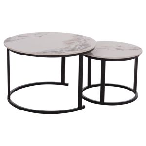 Set of 2 coffee tables Talos ceramic top white-beige marble with Beigehm18140.03 φ70+φ50