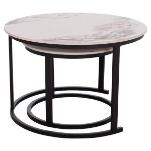 Set of 2 coffee tables Talos ceramic top white-beige marble with Beigehm18140.03 φ70+φ50