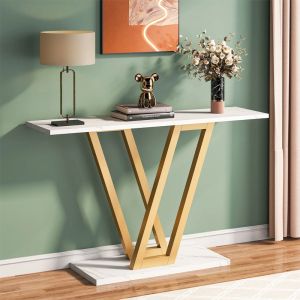 Console Wirmo white color with marble effect and gold metal base 110x30x80cm