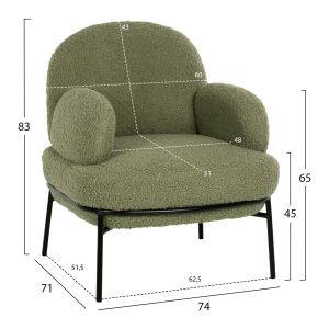 Кресло Agnes букле цвят шам фъстък с черни метални крака 74x71x83hcм Hm9525,27
