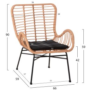 Кресло Bergere Style Allegra P,e,ratan бежово-черна метална конструкция 66x59x90hcm Hm5704