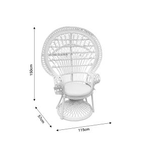 Dorothy Royal Peacock garden/living room armchair, natural white rattan, white cushion 115x57x150cm
