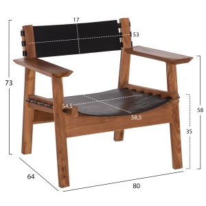 Кресло Konna Hm9928.01 тиково дърво естествена кожа в черно 80x64x73hcm