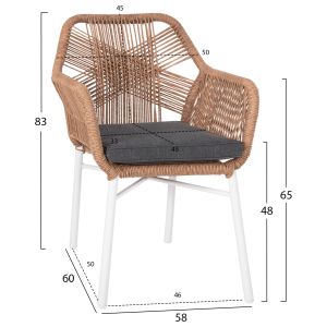 Armchair Outdoors Topin Hm6048,01 aluminum white - Pe rattan light brown - cushion gray 58x60x83cm