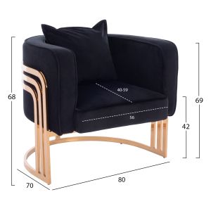 Tiana armchair, black velvet, stainless steel legs with galvanic gold coating