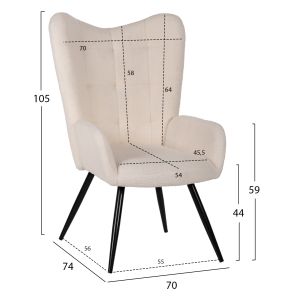 Armchair with stool Crawley Hm8918.25 white boucle and black metal legs 70x74x105hcm